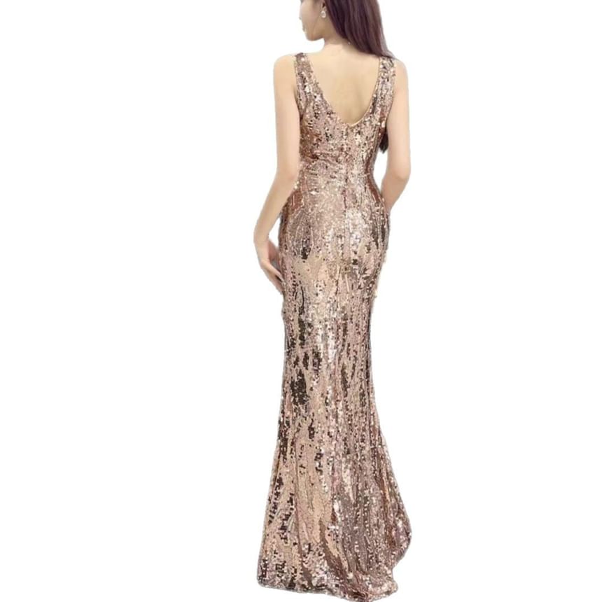 Sleeveless Gown Evening Plain Sequin V-Neck Trumpet