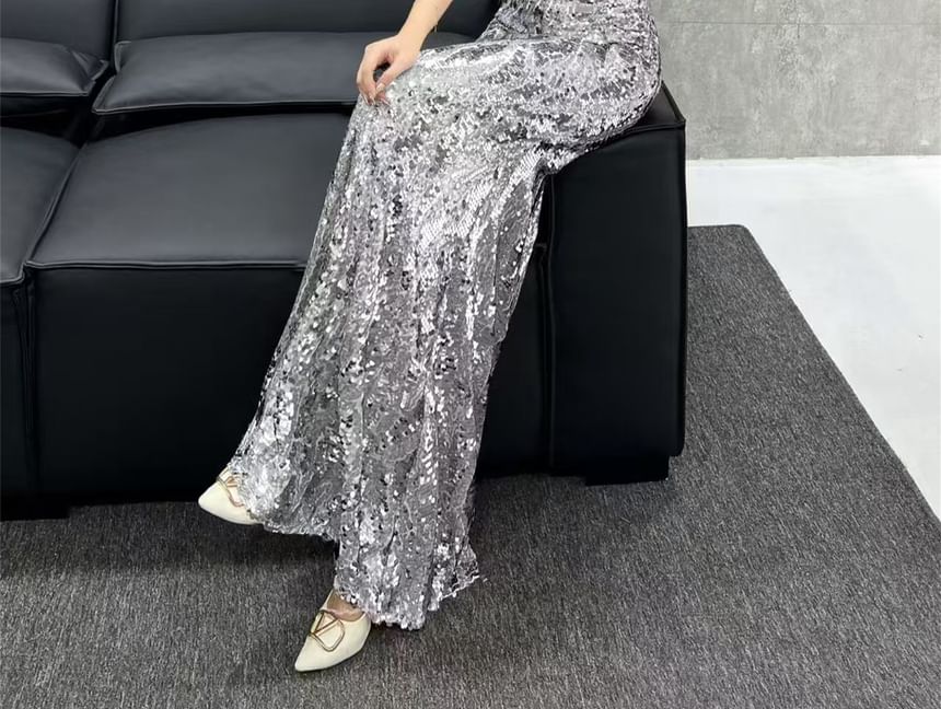 Sleeveless Gown Evening Plain Sequin V-Neck Trumpet