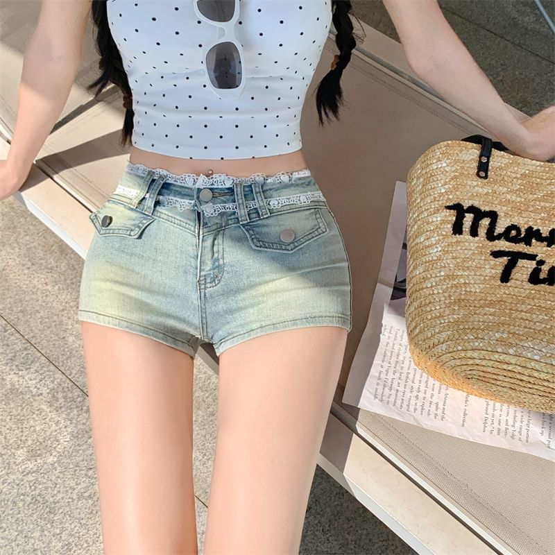 Washed Denim Mid Trim Hot Lace Pants Rise