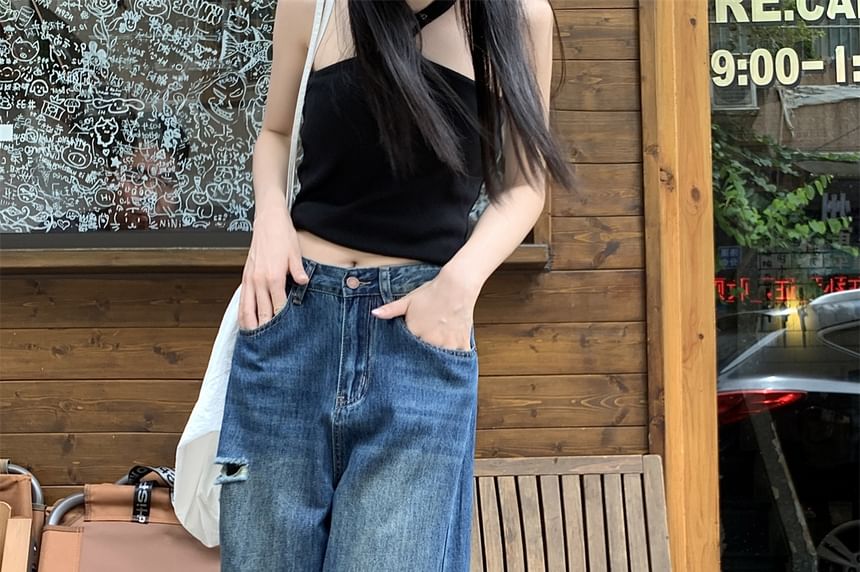 Wide Washed Ripped Mid Waist Leg Jeans