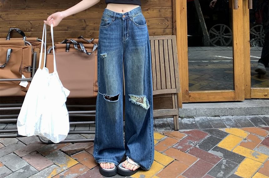 Wide Washed Ripped Mid Waist Leg Jeans