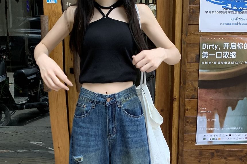 Wide Washed Ripped Mid Waist Leg Jeans