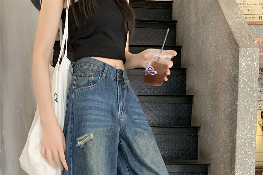 Wide Washed Ripped Mid Waist Leg Jeans