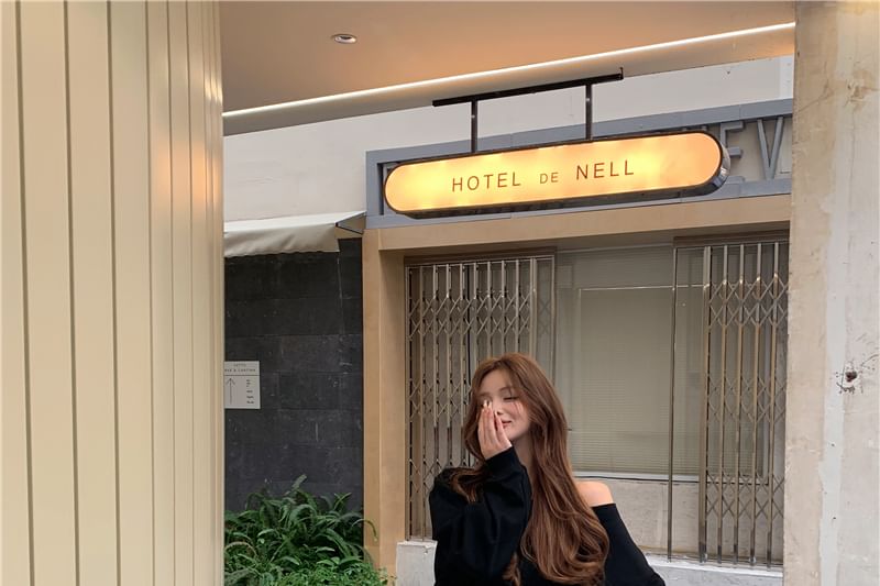 Contrast Pullover Waist Off-Shoulder Trim Plain / Drawstring