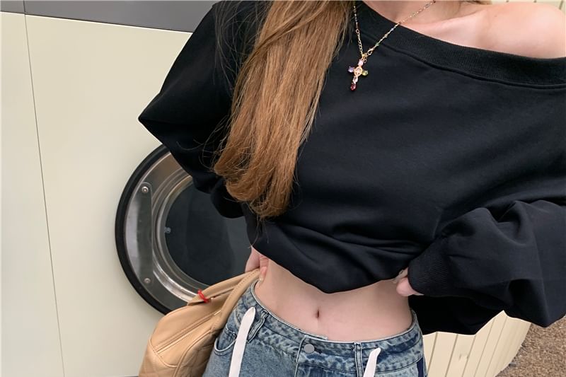 Contrast Pullover Waist Off-Shoulder Trim Plain / Drawstring