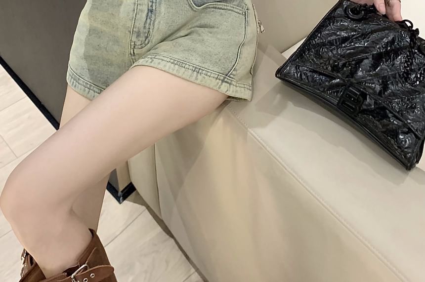 Zipped Denim Washed High Pants Hot Waist