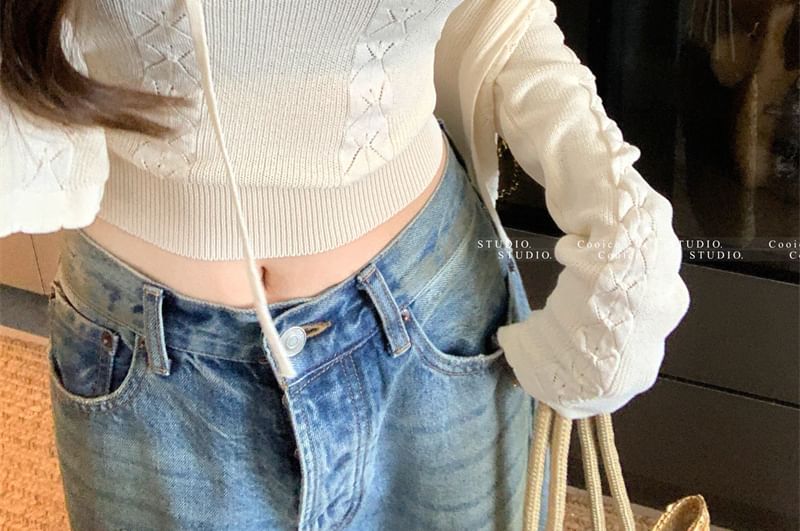 Set: Crop Scoop Plain Cable Top Cardigan Neck + Knit Sleeveless