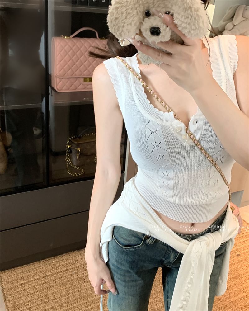 Set: Crop Scoop Plain Cable Top Cardigan Neck + Knit Sleeveless