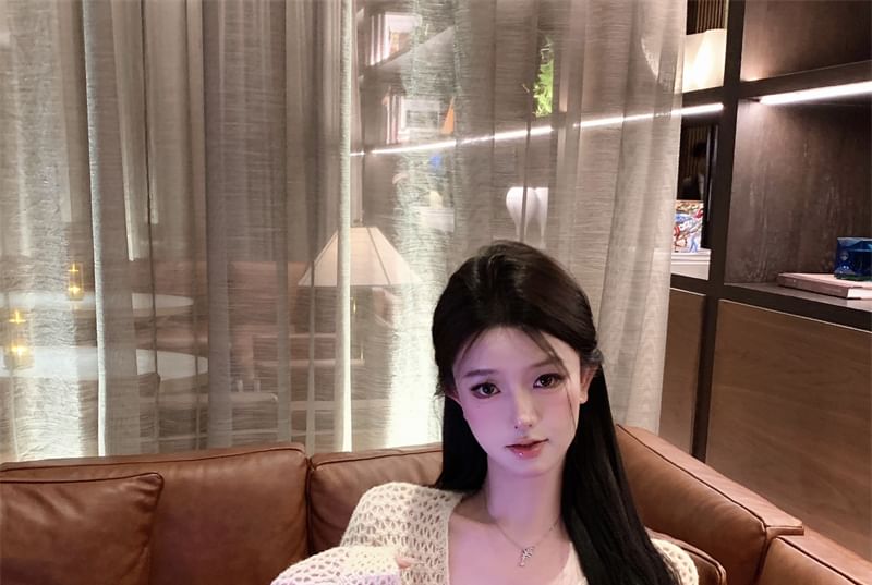 Plain V-Neck Flower Cardigan Dress Crochet Spaghetti / Strap Print Bodycon Mini