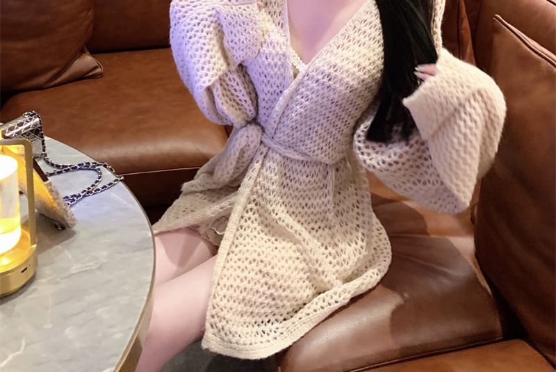 Plain V-Neck Flower Cardigan Dress Crochet Spaghetti / Strap Print Bodycon Mini