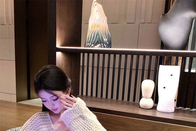 Plain V-Neck Flower Cardigan Dress Crochet Spaghetti / Strap Print Bodycon Mini