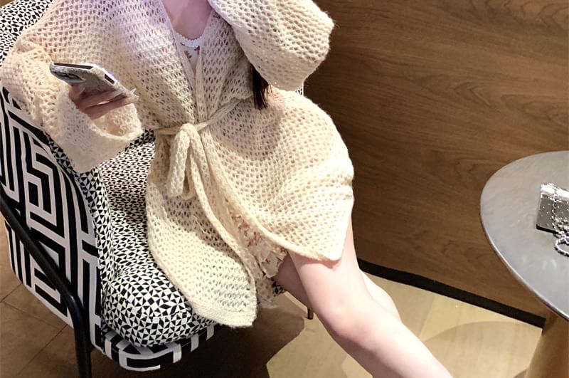 Plain V-Neck Flower Cardigan Dress Crochet Spaghetti / Strap Print Bodycon Mini