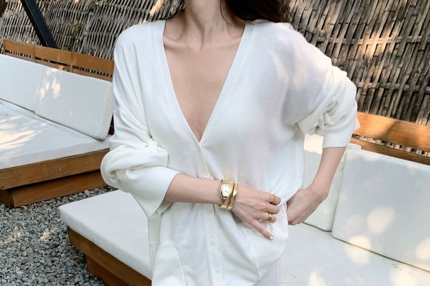 Maxi Skirt V-Neck Plain Blouse / Mid Long-Sleeve Waist A-Line