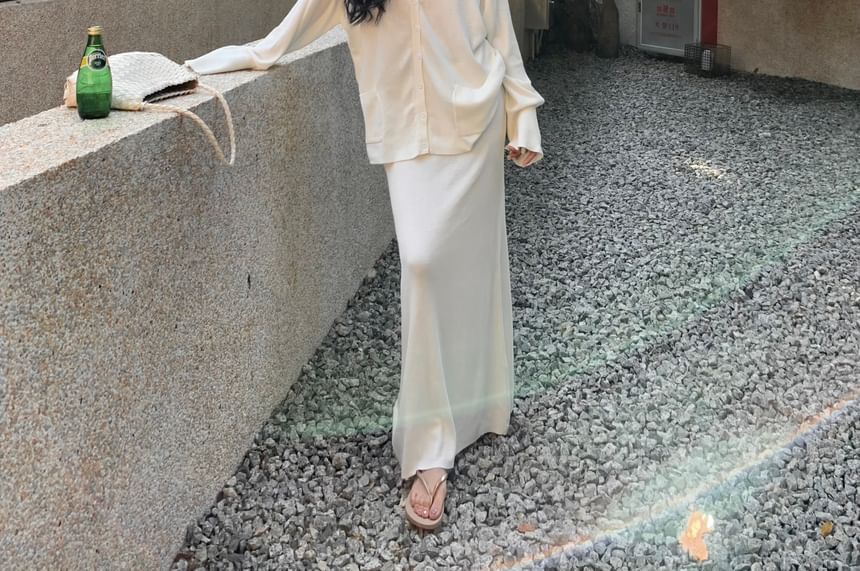 Maxi Skirt V-Neck Plain Blouse / Mid Long-Sleeve Waist A-Line