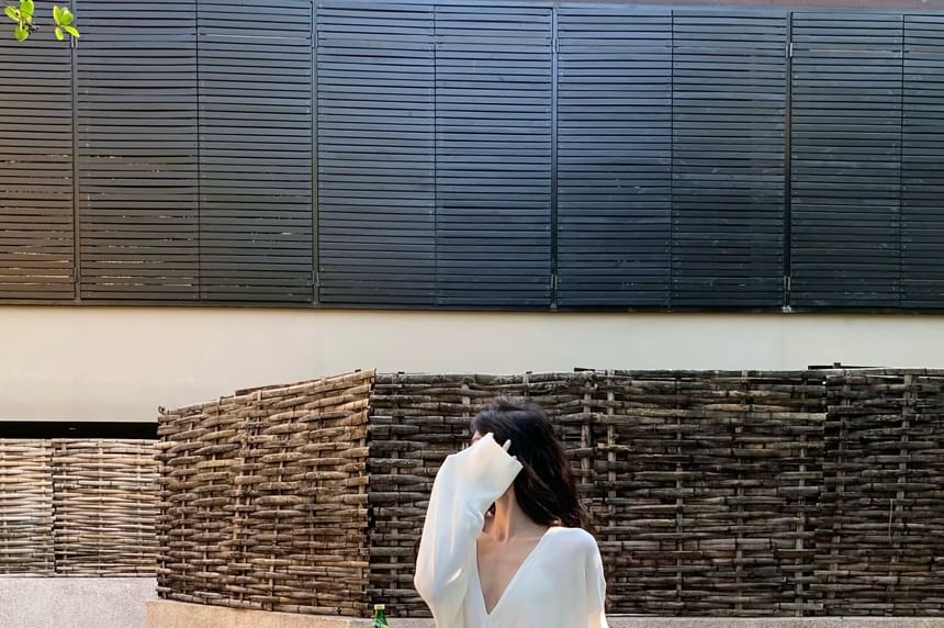 Maxi Skirt V-Neck Plain Blouse / Mid Long-Sleeve Waist A-Line