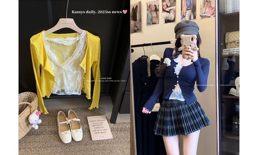 Lace Cardigan / Ruffle Scoop Camisole Neck Plain V-Neck Trim Top