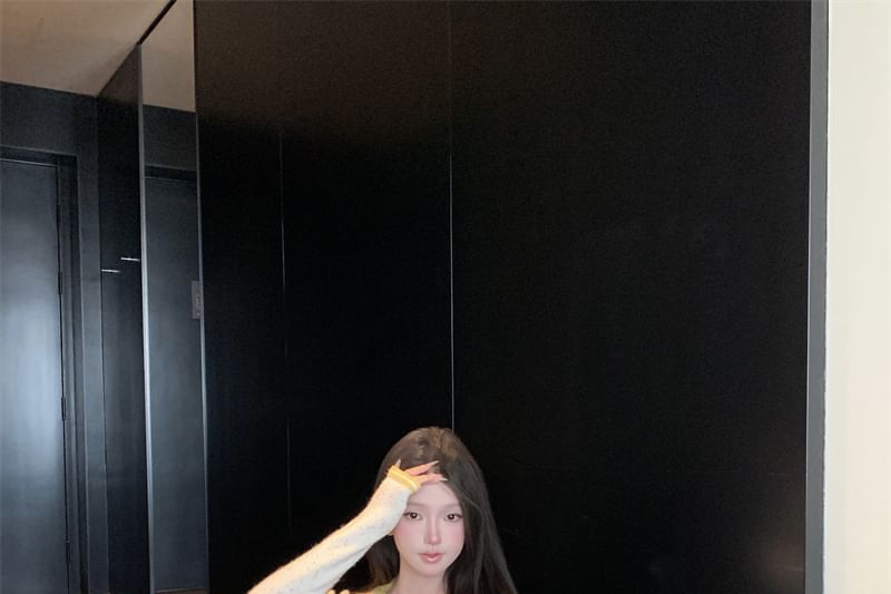 Button Mini Cami High / Cardigan Top Skirt Trim Neck Contrast Scoop Waist Pencil