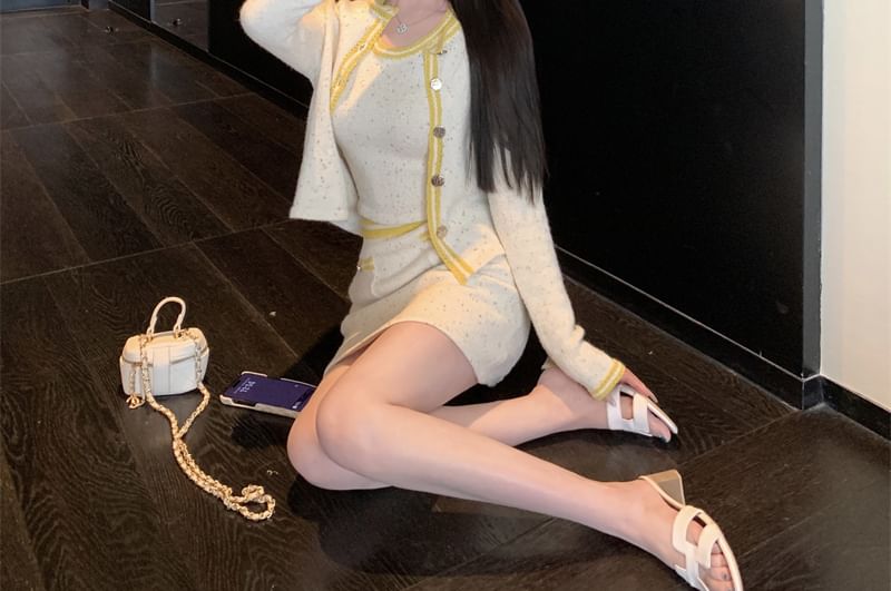 Button Mini Cami High / Cardigan Top Skirt Trim Neck Contrast Scoop Waist Pencil