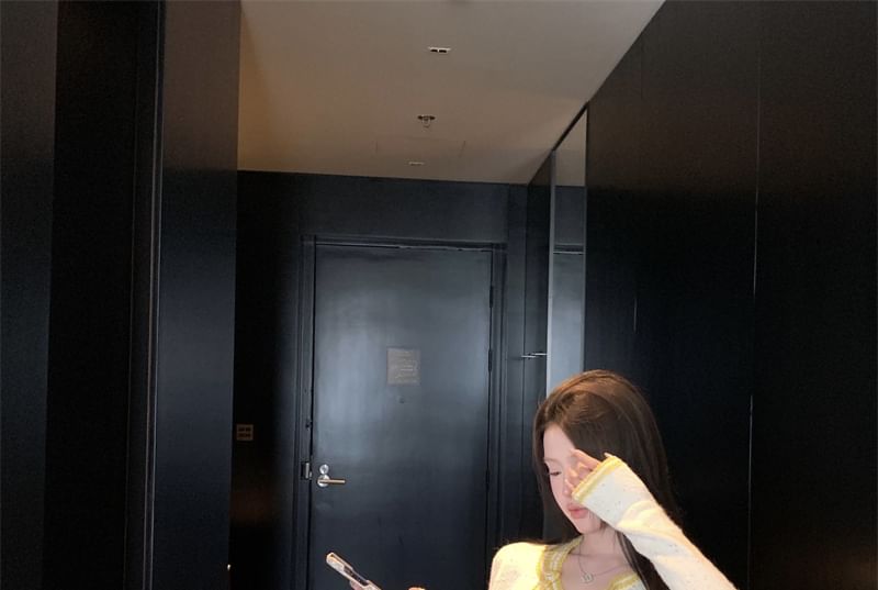 Button Mini Cami High / Cardigan Top Skirt Trim Neck Contrast Scoop Waist Pencil