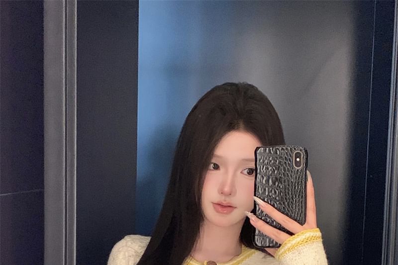 Button Mini Cami High / Cardigan Top Skirt Trim Neck Contrast Scoop Waist Pencil