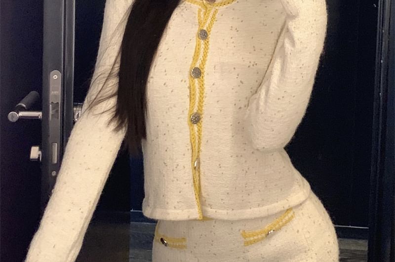 Button Mini Cami High / Cardigan Top Skirt Trim Neck Contrast Scoop Waist Pencil