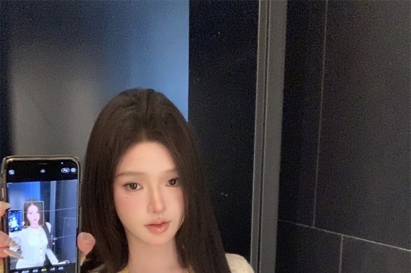 Button Mini Cami High / Cardigan Top Skirt Trim Neck Contrast Scoop Waist Pencil