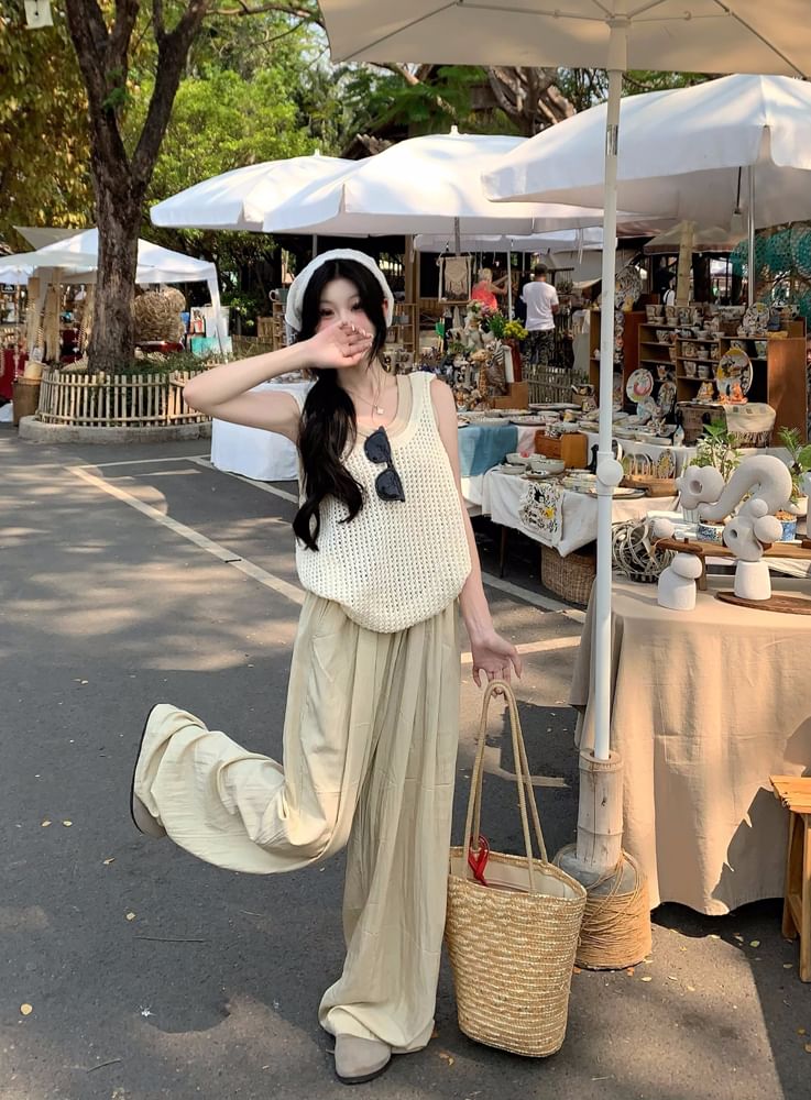 Plain Leg High Waist Pants Wide Top Tank Knit / Neck Scoop Sleeveless