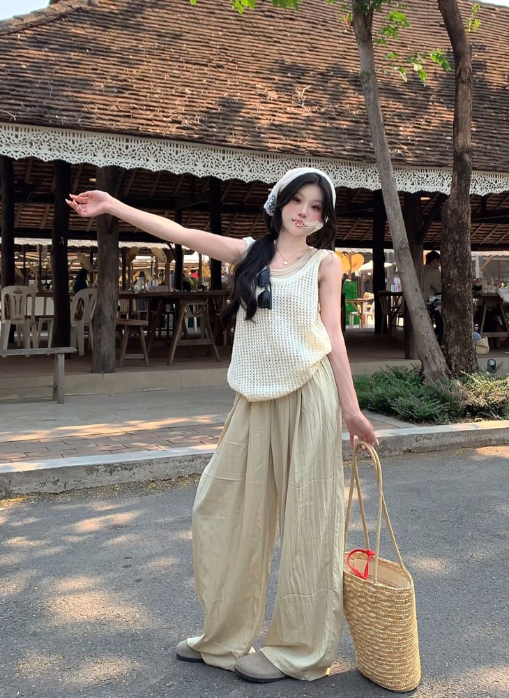 Plain Leg High Waist Pants Wide Top Tank Knit / Neck Scoop Sleeveless