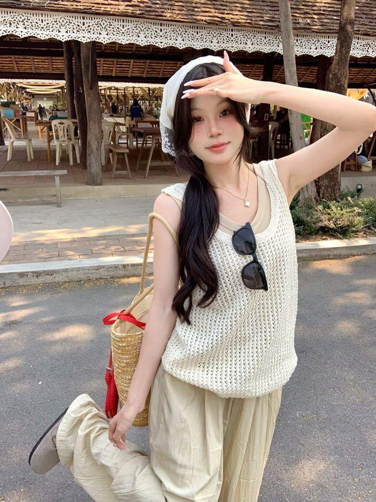 Plain Leg High Waist Pants Wide Top Tank Knit / Neck Scoop Sleeveless