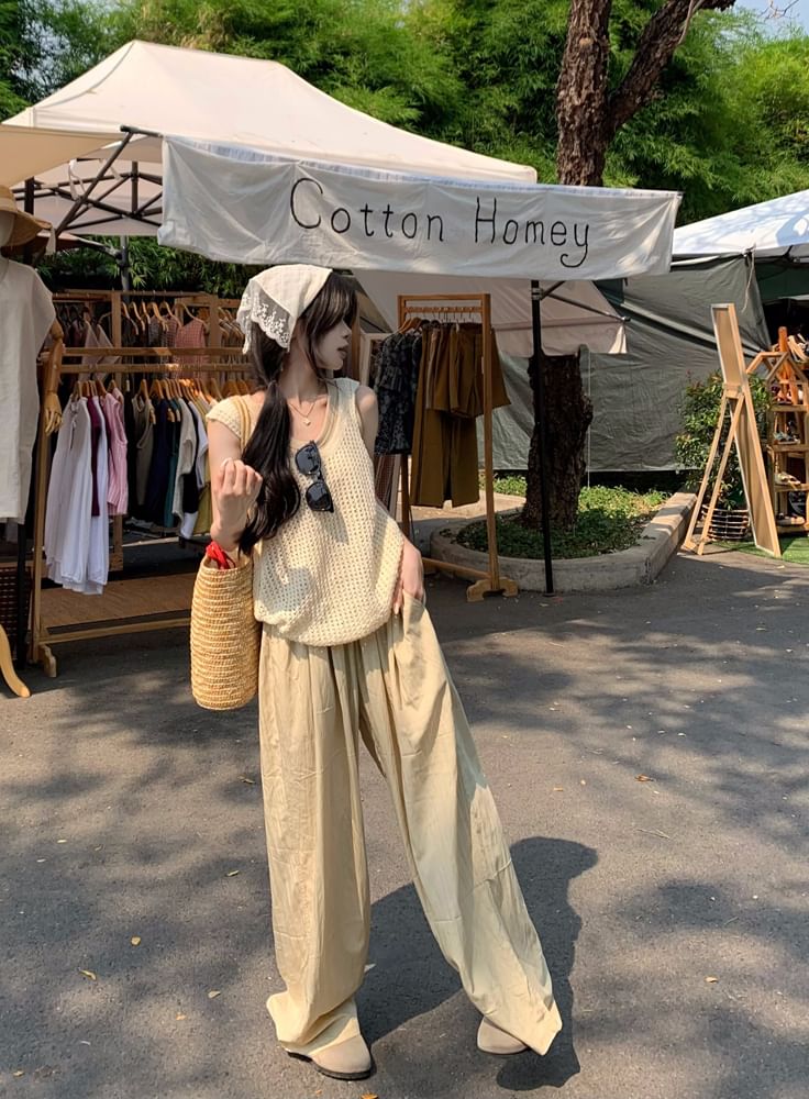 Plain Leg High Waist Pants Wide Top Tank Knit / Neck Scoop Sleeveless