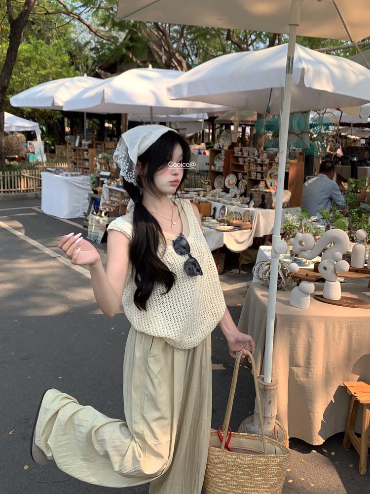 Plain Leg High Waist Pants Wide Top Tank Knit / Neck Scoop Sleeveless