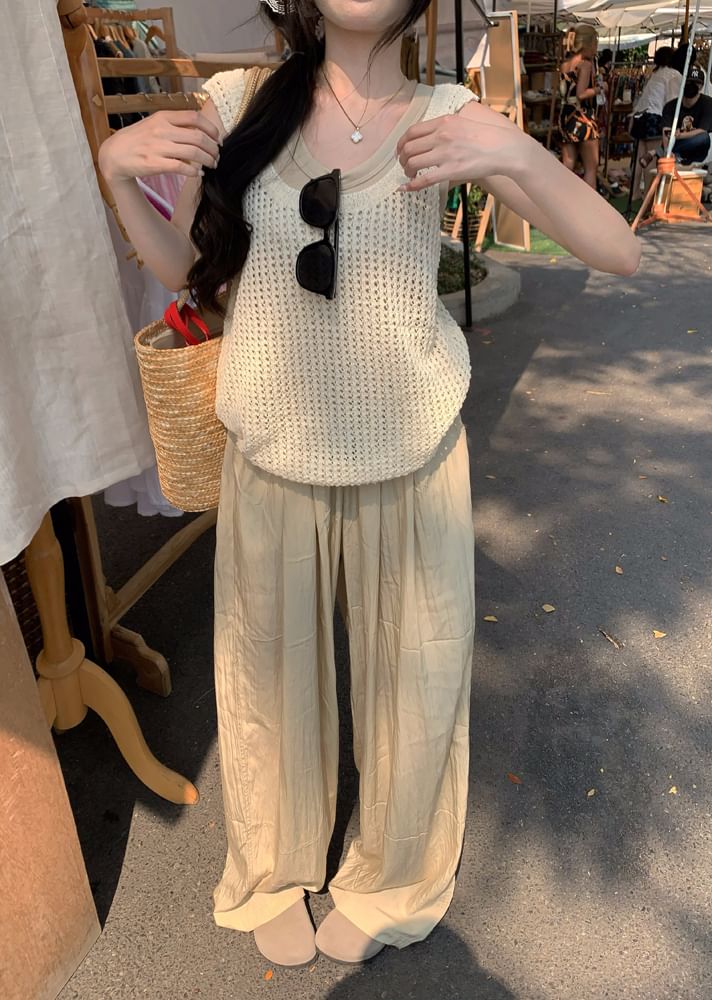 Plain Leg High Waist Pants Wide Top Tank Knit / Neck Scoop Sleeveless