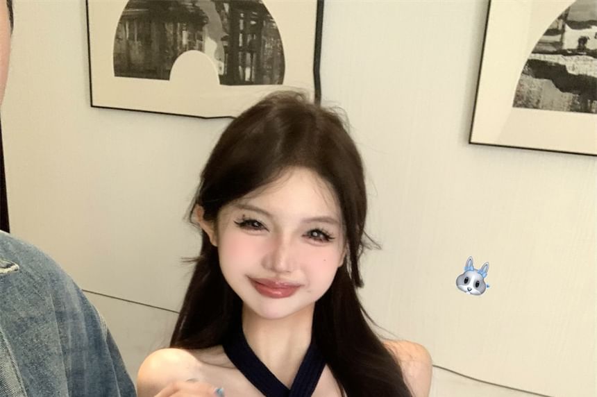 Neck Halter Crop Ribbed Plain Top Knit Camisole