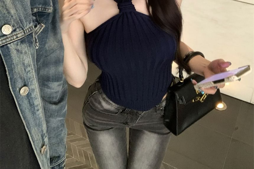 Neck Halter Crop Ribbed Plain Top Knit Camisole