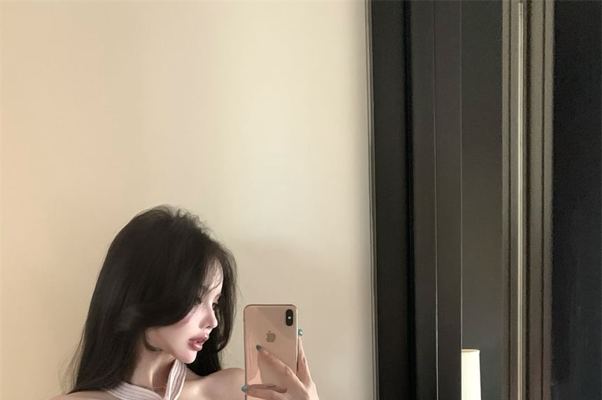 Neck Halter Crop Ribbed Plain Top Knit Camisole