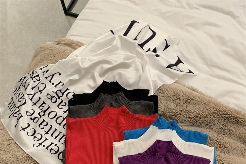 Ribbed Top Knit Neck Crop Plain Mock Sleeveless