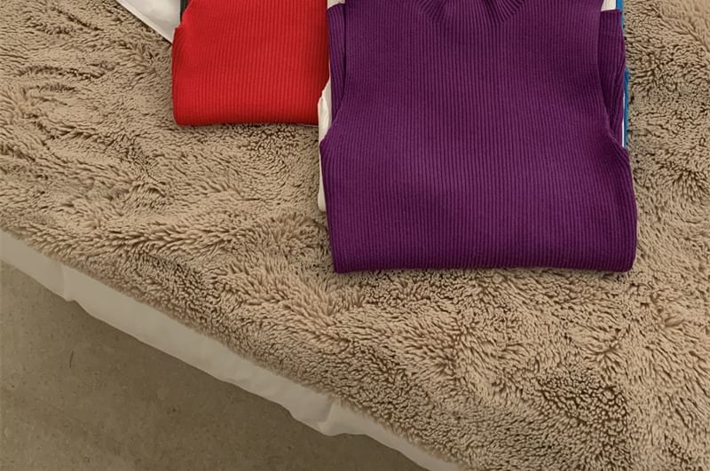 Ribbed Top Knit Neck Crop Plain Mock Sleeveless