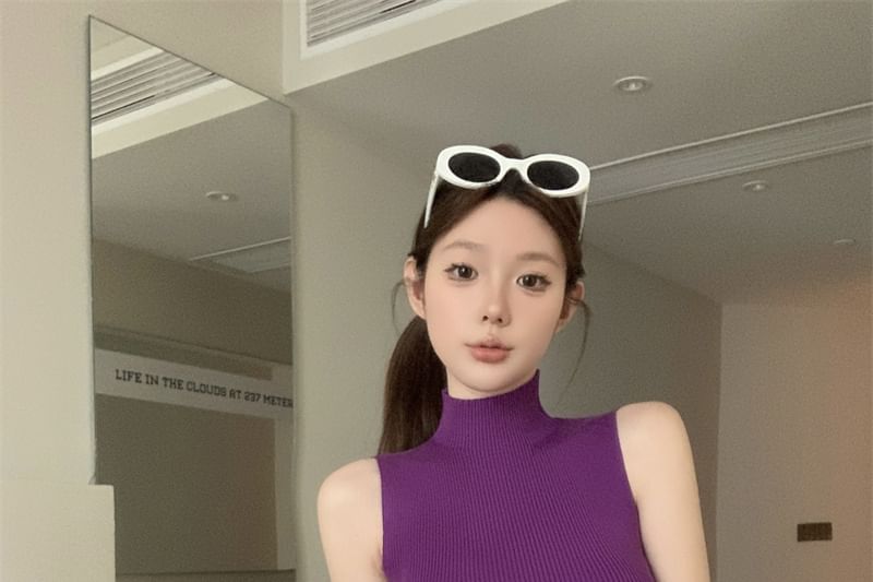 Ribbed Top Knit Neck Crop Plain Mock Sleeveless