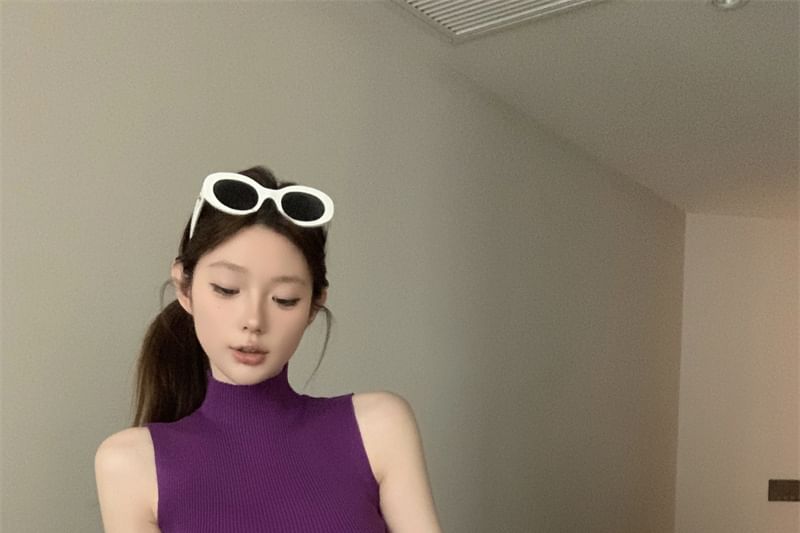 Ribbed Top Knit Neck Crop Plain Mock Sleeveless