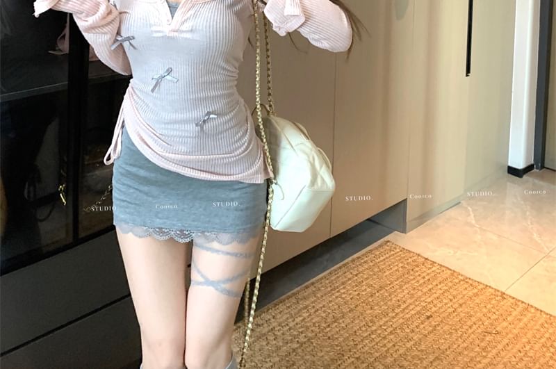 Plain Lace Top Spaghetti Mini Knit / Bow Trim Bodycon Neck Strap Dress Long-Sleeve Scoop