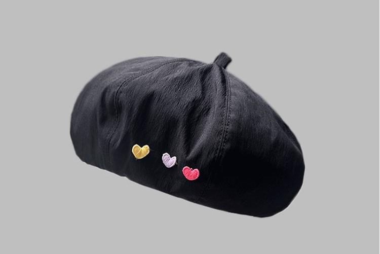 Heart Embroidered Beret Hat