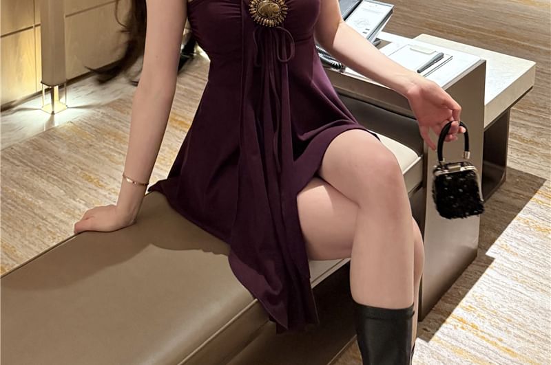 Buckled Mini Dress Plain A-Line Tube