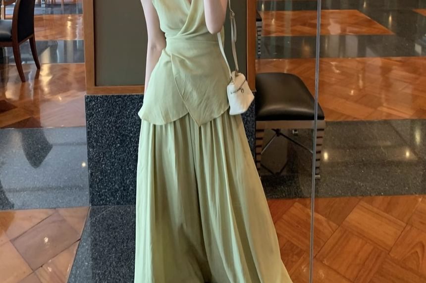 A-Line Plain Elastic Skirt Tank + Top Asymmetrical V-Neck Set: Waist Maxi