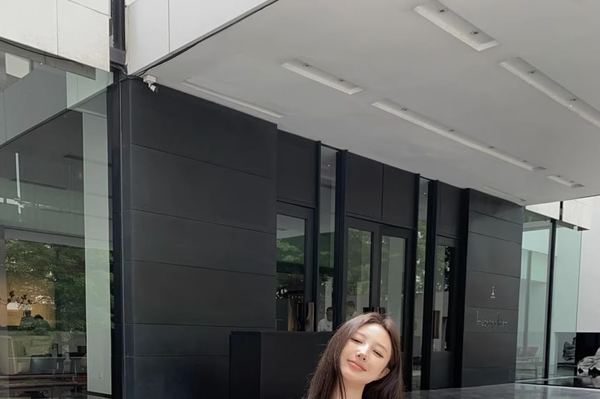 A-Line Plain Elastic Skirt Tank + Top Asymmetrical V-Neck Set: Waist Maxi