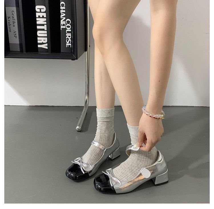 Block Mary Jane Tone Ribbon Pumps Heel Two