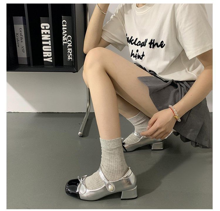 Block Mary Jane Tone Ribbon Pumps Heel Two