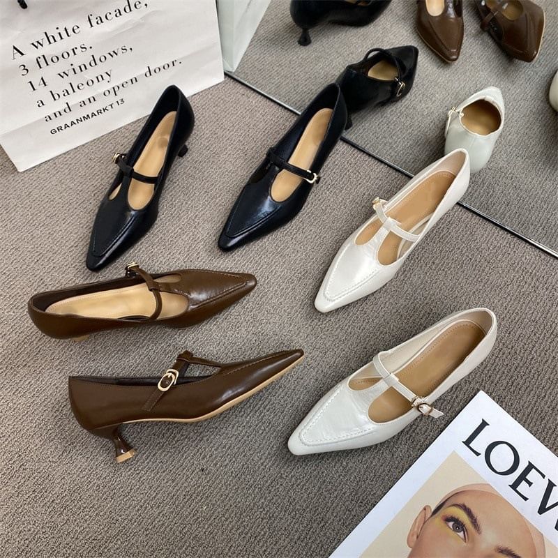 Mary Jane Heel Shoes T Pointed Pyramid Strap