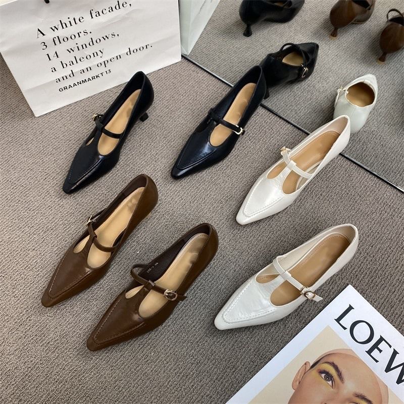 Mary Jane Heel Shoes T Pointed Pyramid Strap