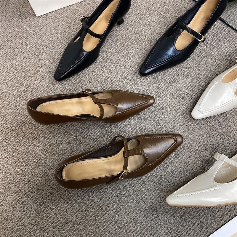 Mary Jane Heel Shoes T Pointed Pyramid Strap