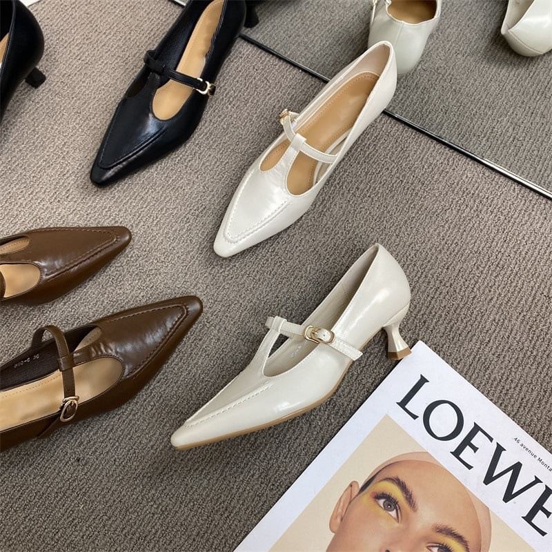 Mary Jane Heel Shoes T Pointed Pyramid Strap